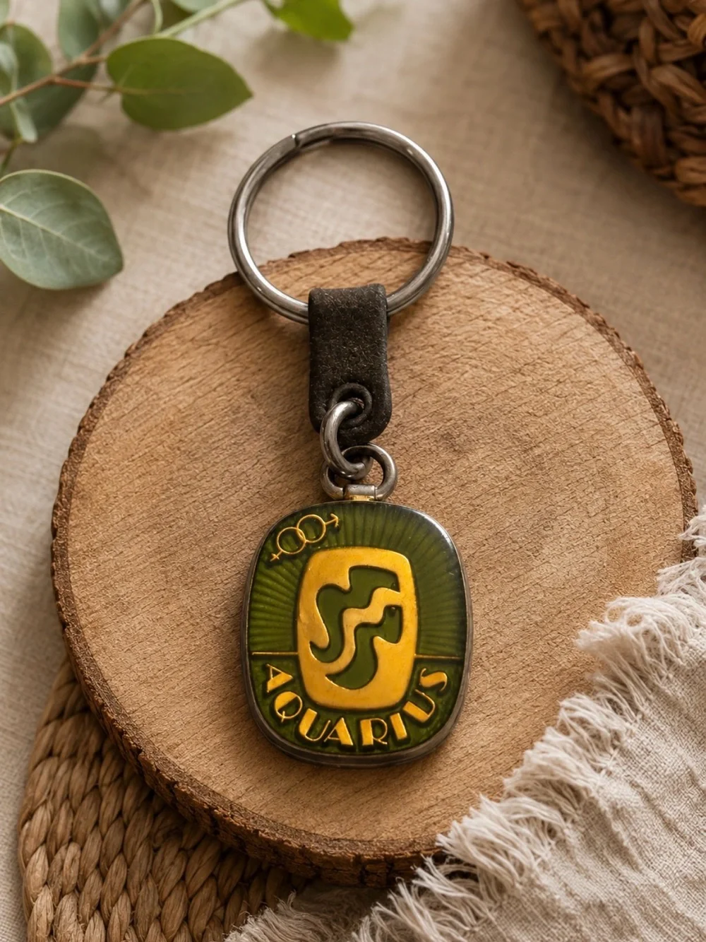 Vintage 70’s Aquarius Zodiac Enamel Keychain Green & Gold Astrological Key Ring